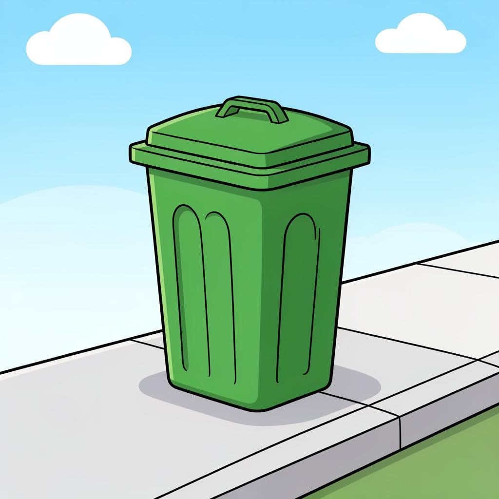 A green plastic trash can with a lid sitting on a sidewalk.
