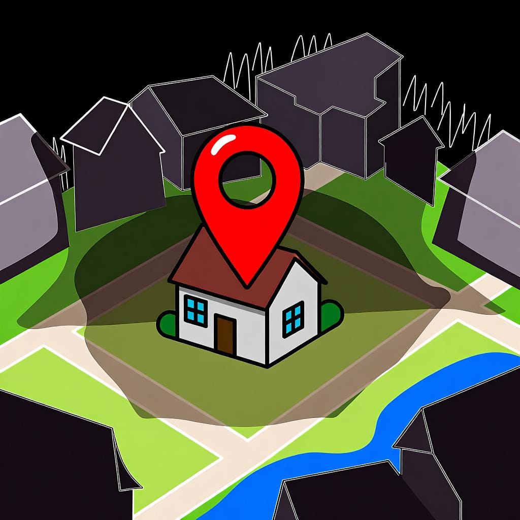Een eenvoudige kaart van een stad met een grote, felrode locatiepin op een huis, die een specifieke locatie aangeeft.