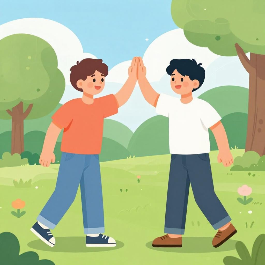 Two young men in casual clothes sharing a friendly greeting with a high-five and smiles in a vibrant street setting.