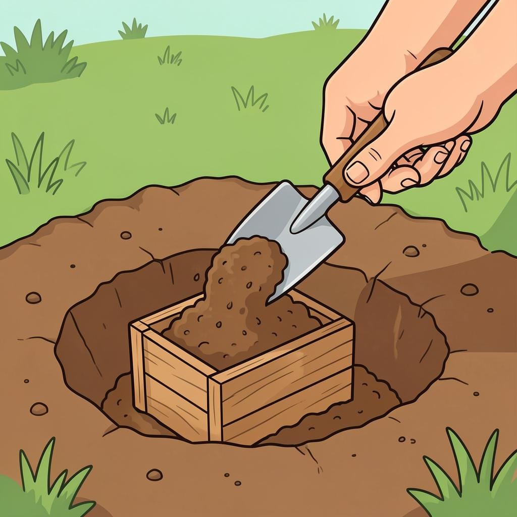 A person's hands using a small shovel to cover a small wooden box with dirt in a garden.