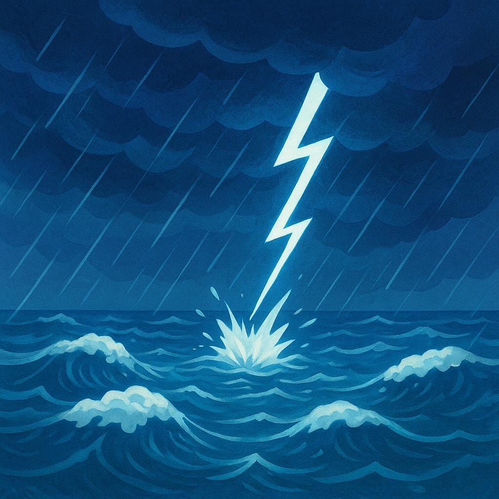 A dramatic scene of a heavy rainstorm with lightning flashing across a dark, turbulent sky over a rough sea.