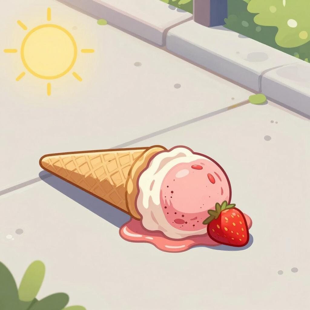 Een omgevallen ijshoorntje dat smelt op een zonnig trottoir.