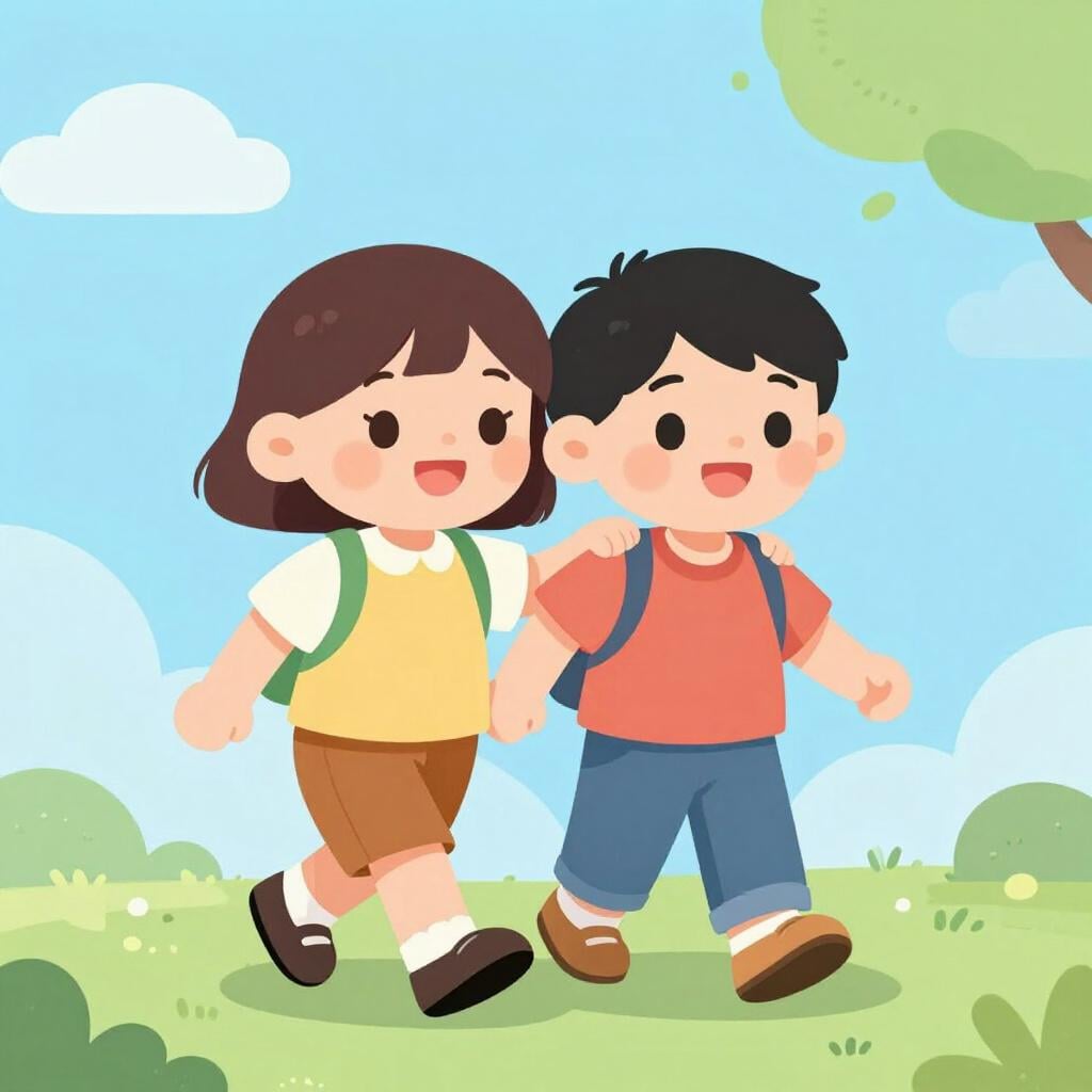 Two friends walking together with their arms around each other's shoulders.