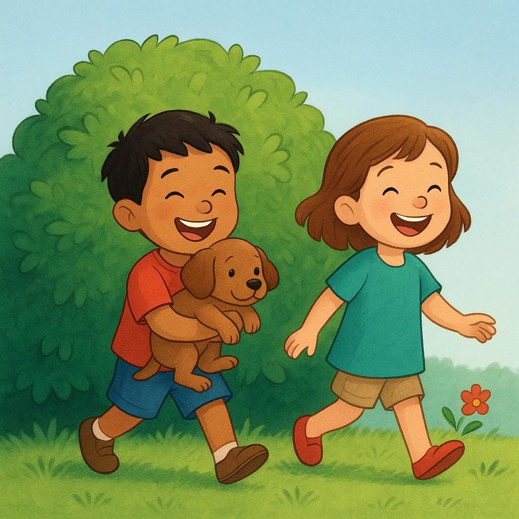 Een kleurrijke kinderboekillustratie die de succesvolle afronding van een zoektocht weergeeft. Twee blije kinderen lopen weg van een grote struik, lachend. Eén kind houdt een kleine, bruine puppy vast die ze gevonden hebben.