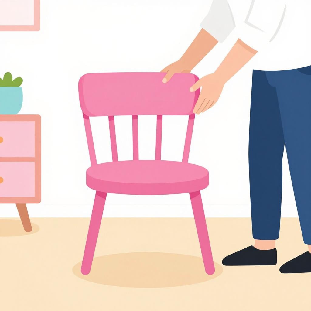 A person placing a bright pink chair carefully in the middle of an empty room.