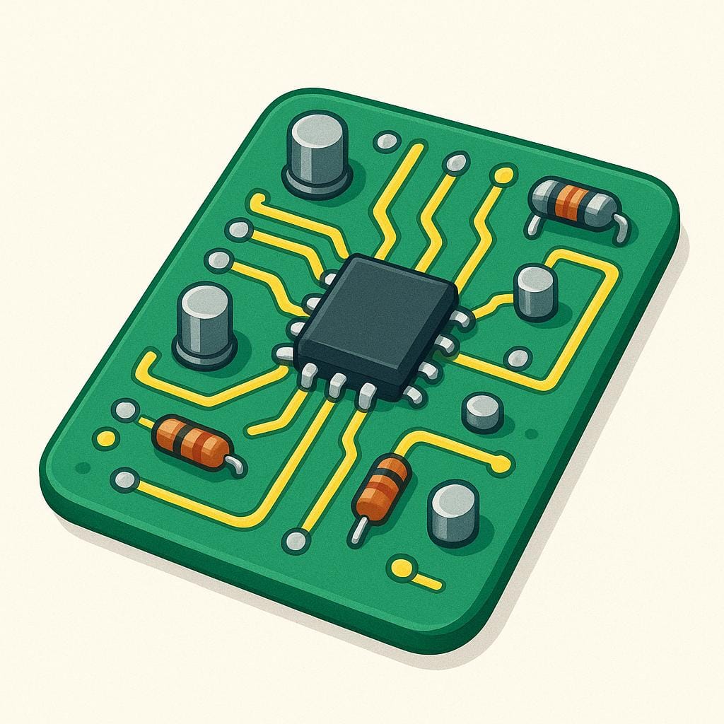 A rectangular green circuit board covered in small stylized electronic components and simple copper traces.