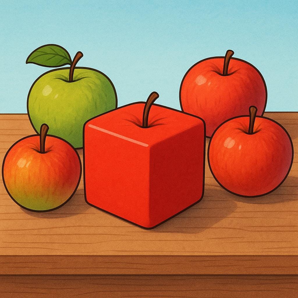 A perfectly square, bright red apple sitting on a wooden table next to several normal round apples, depicting something strange.