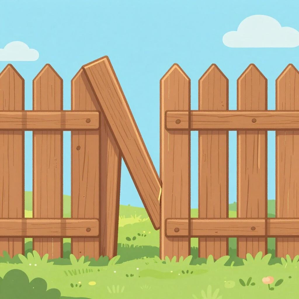 A wooden fence with a broken plank and a yellow warning tape fluttering in the wind.