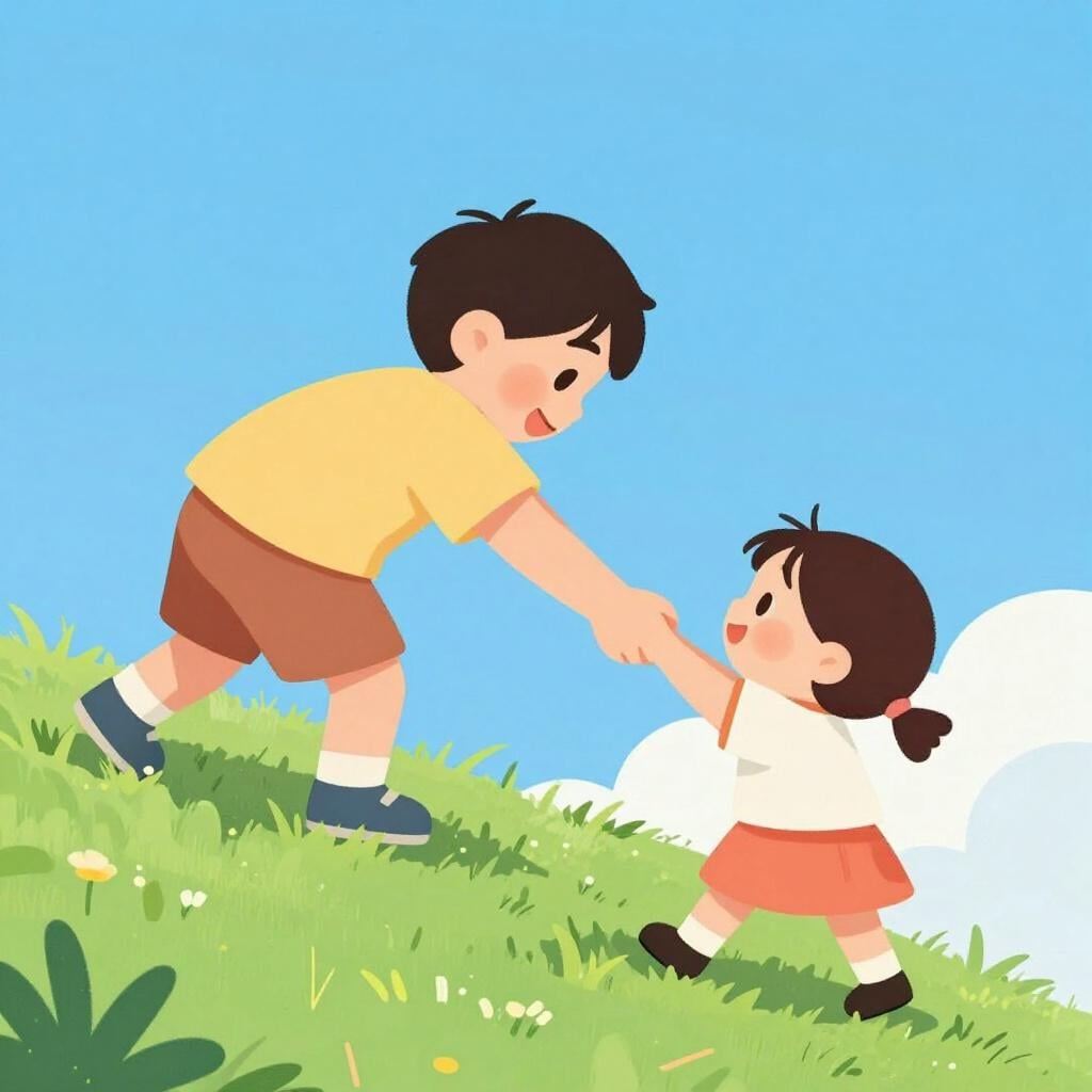 Uma pessoa ajudando outra a subir uma pequena colina, estendendo a mão.