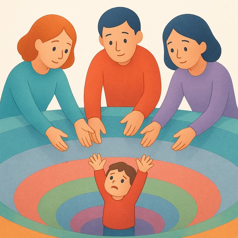 A small, distressed figure standing in a shallow pit, reaching both hands up toward a group of three larger figures standing above, who are extending their hands down to assist.