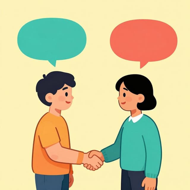 Two people with different colored speech bubbles shaking hands in a friendly manner.