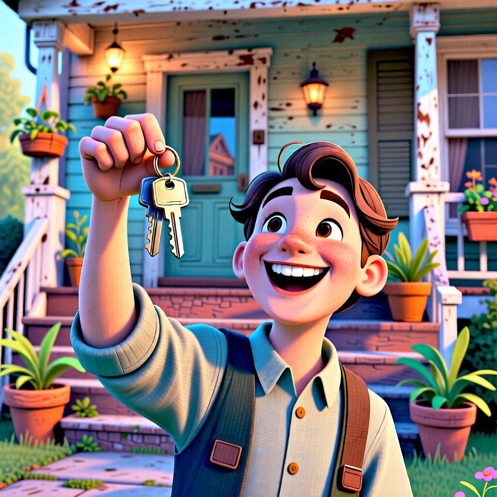 A person smiling while holding a set of keys in front of a pleasant, lived-in house, clearly their new home.