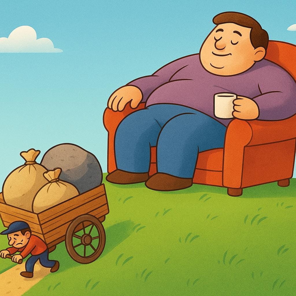 A very large person lounging comfortably in a chair while a very small, tired person struggles to push a disproportionately heavy load up a steep hill, illustrating unfair exploitation.