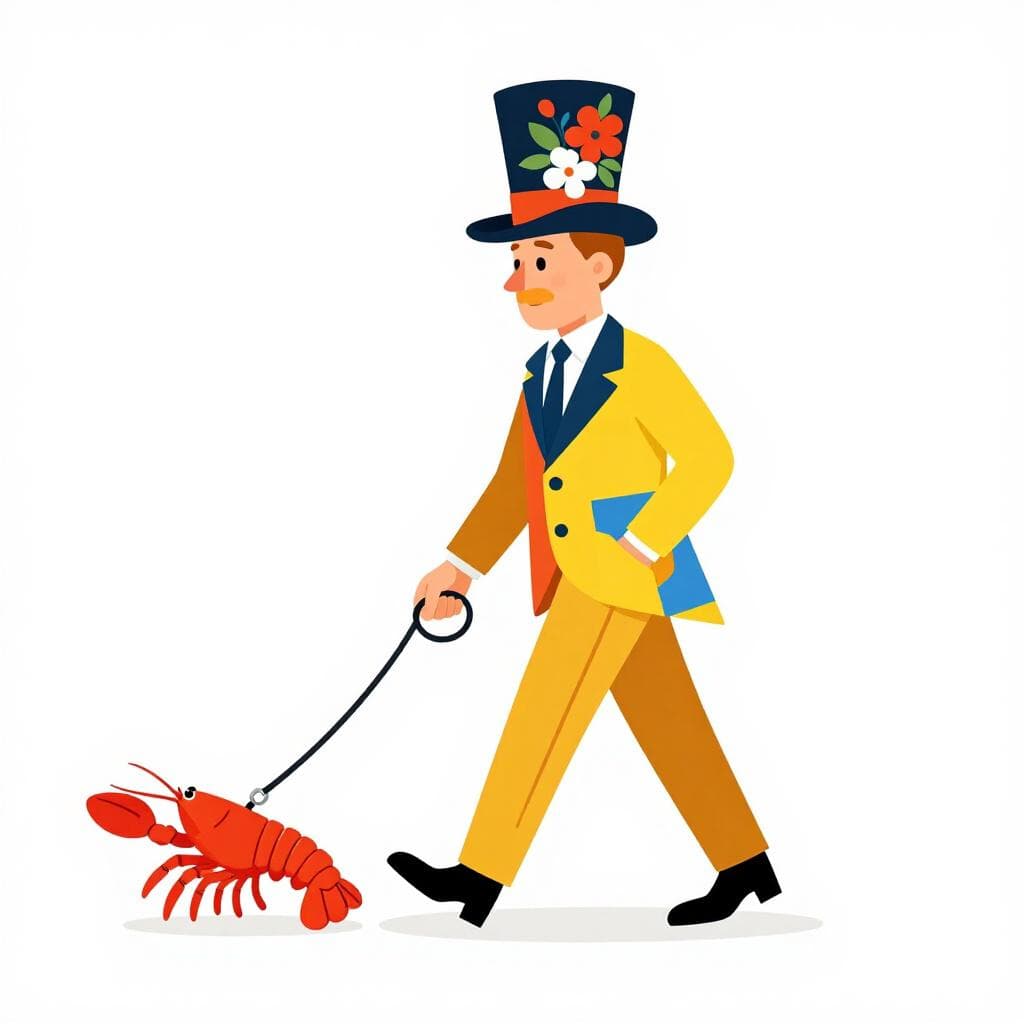 Um homem usando um terno de retalhos de cores vivas e um chapéu alto decorado com flores, passeando com um lagosta de estimação na coleira.