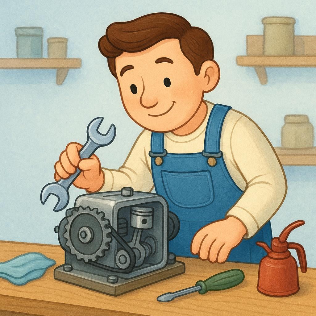 A friendly mechanic character wearing overalls using a wrench to tighten a bolt on a large, simple machine engine.