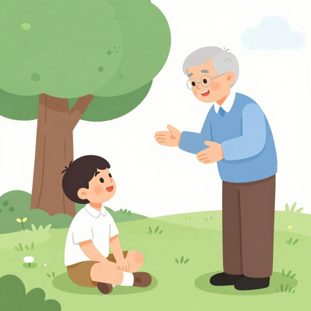 Un jeune étudiant assis sur l'herbe, écoutant attentivement un professeur âgé sous un grand arbre feuillu.