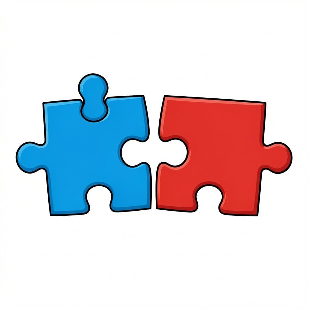 Two wooden puzzle pieces being pushed together to fit perfectly.