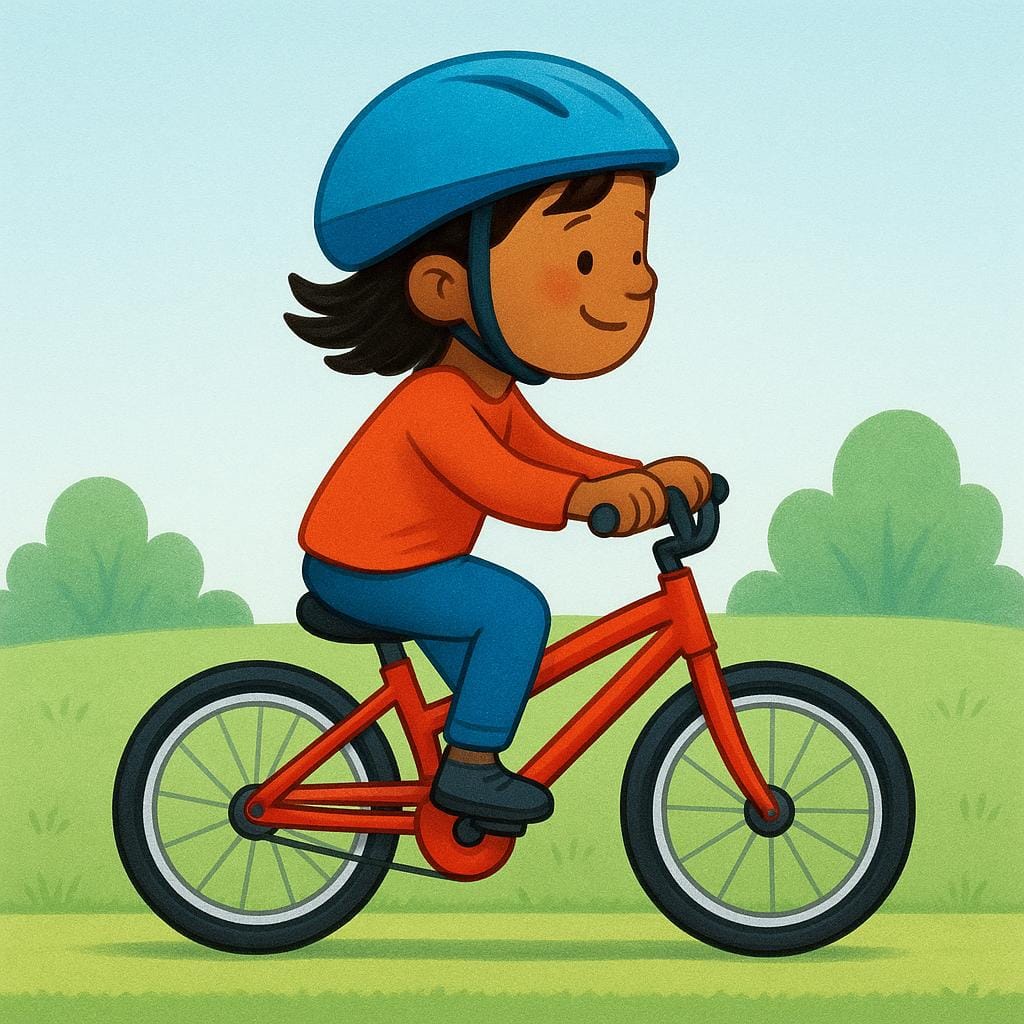 Un bambino sorridente che va in bicicletta rossa brillante senza rotelle su un semplice sentiero verde, dimostrando abilità e capacità.