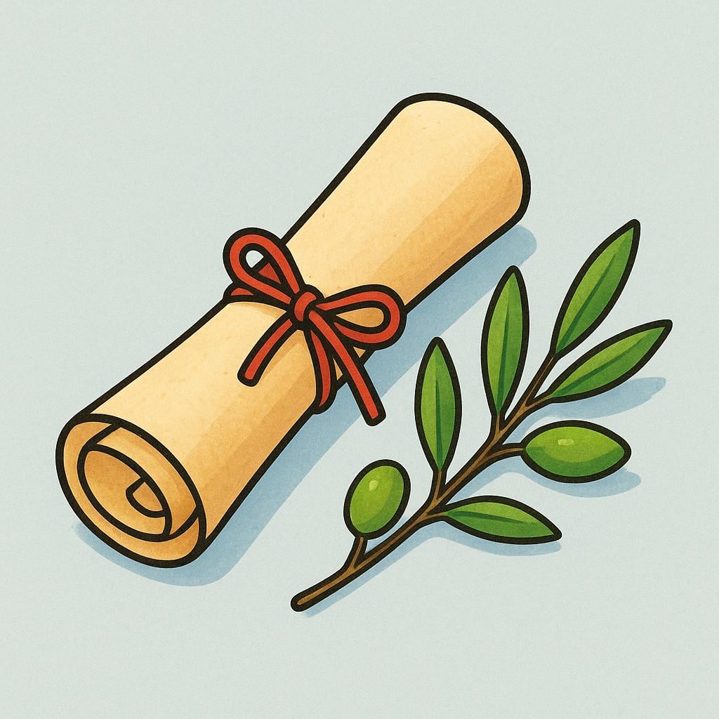 A rolled-up ancient parchment scroll tied with a red string, resting next to a small green olive branch.