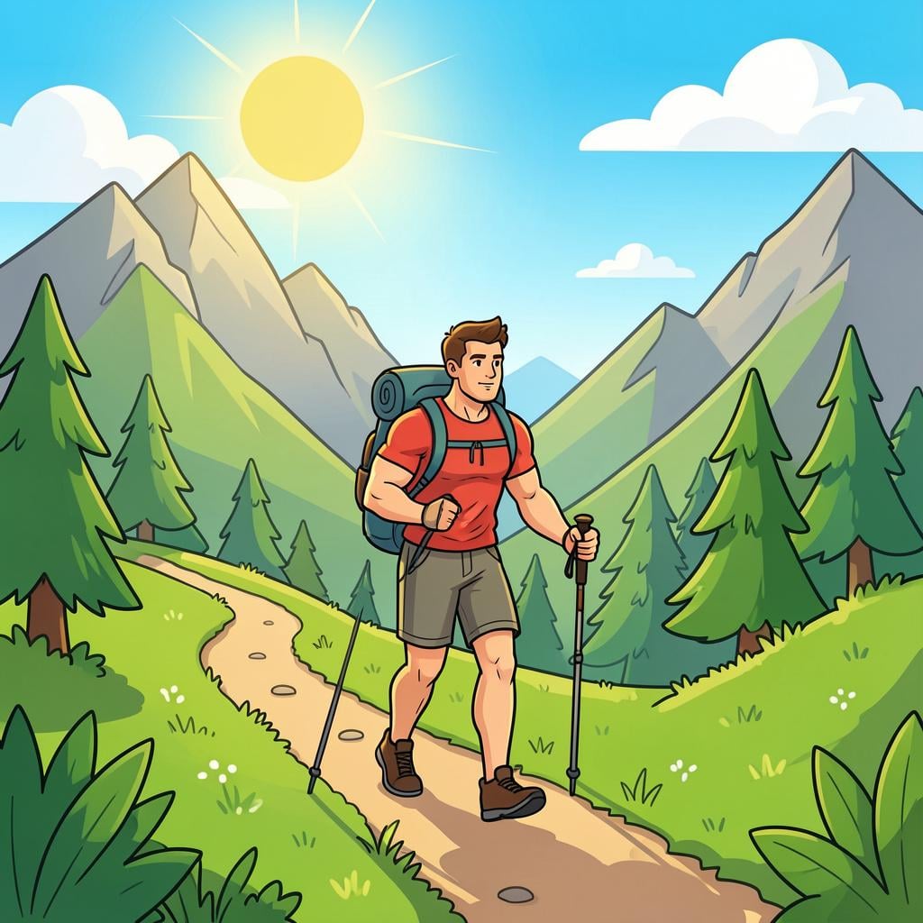 A strong, healthy person hiking up a green mountain trail.