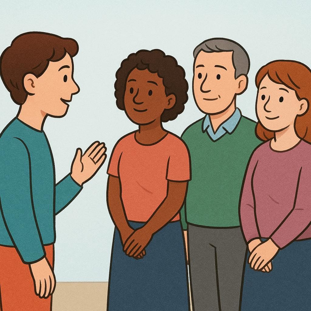 複数の人(3人)に丁寧にお辞儀をしながら、手のひらを開いて話しかけている人のカラフルなイラスト。