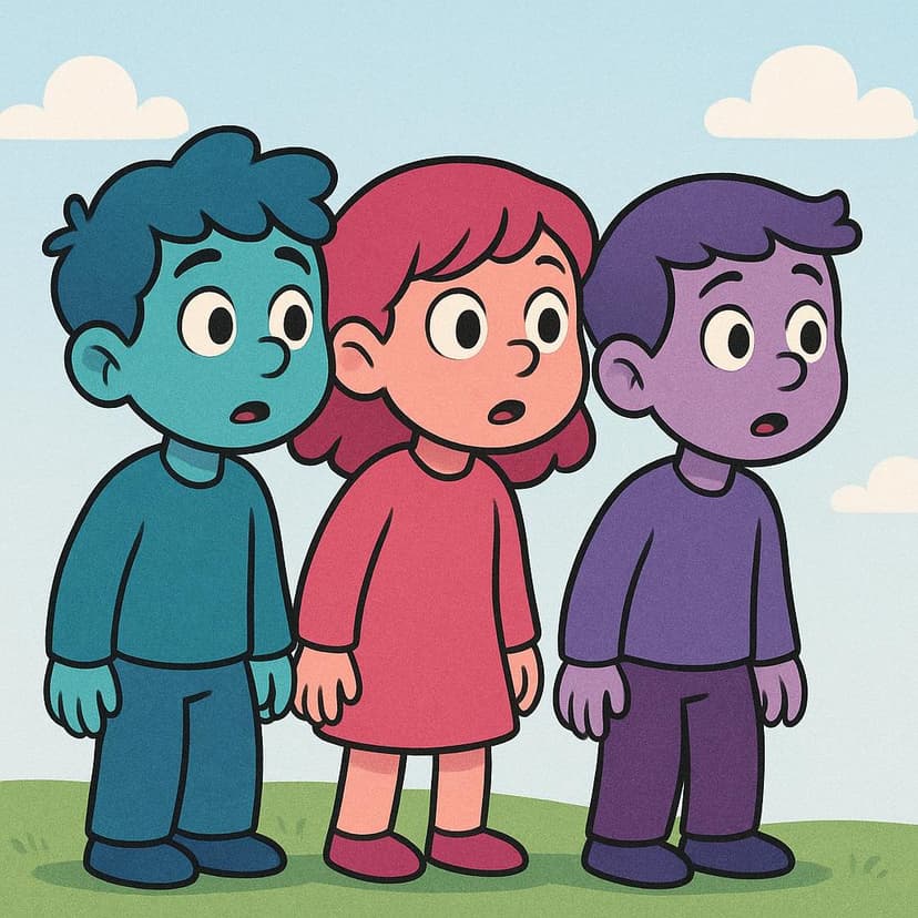 Three colorful cartoon figures standing together outdoors, all turning their heads and focusing their eyes intently on an unseen object above them.