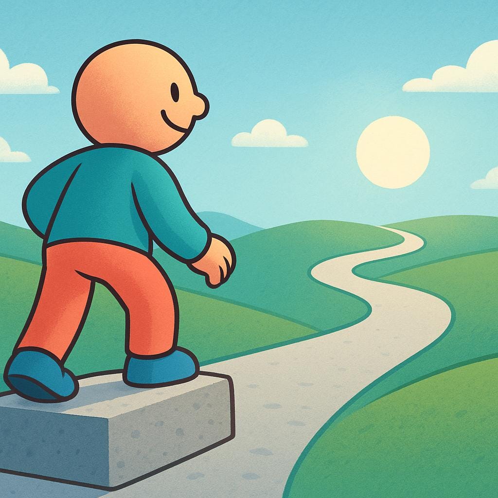 A stylized figure standing at the start of a clear, winding path leading toward a sunny horizon, symbolizing a new beginning.