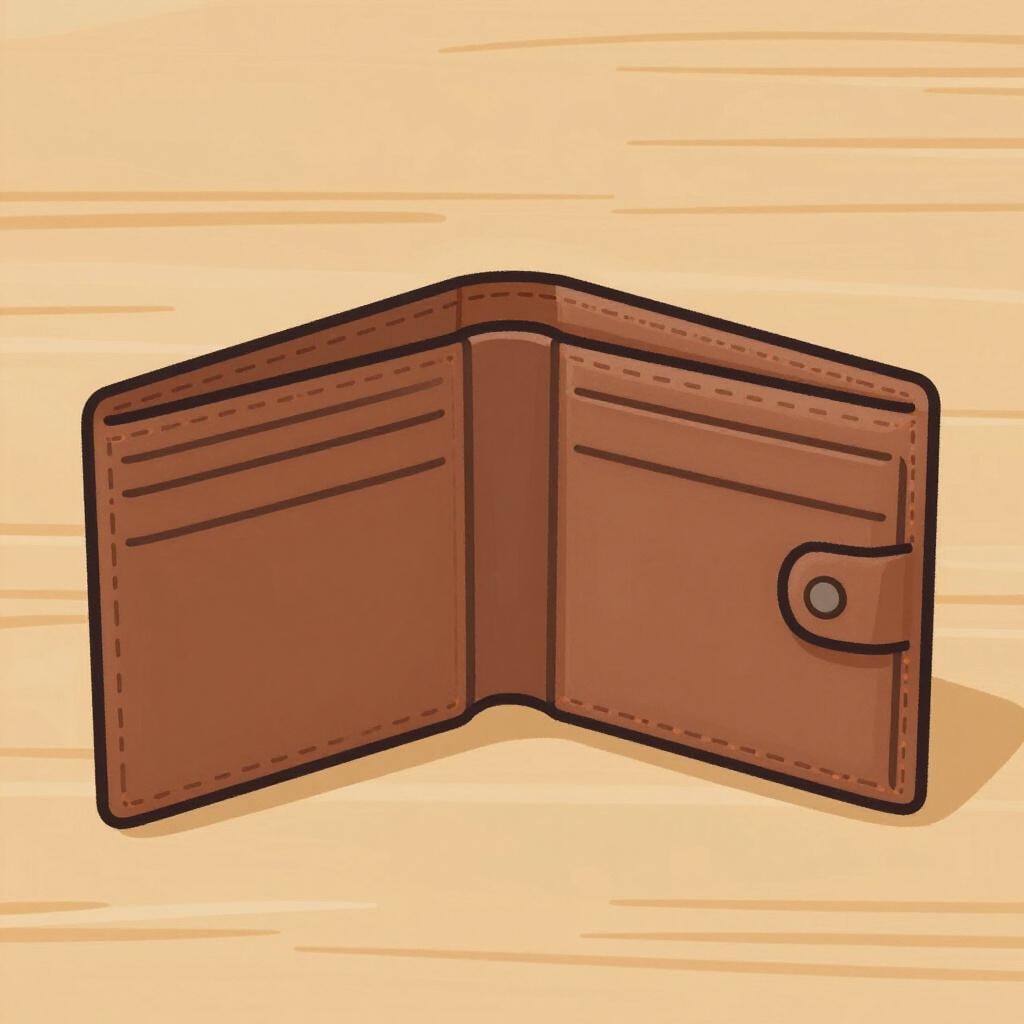 A colorful storybook illustration of an empty leather wallet lying open on a wooden table.