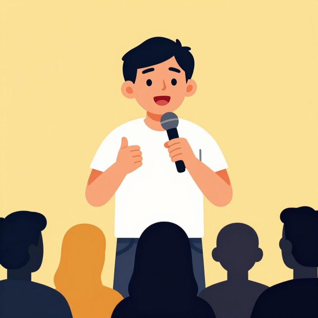 A person standing on a small wooden stage with their hand raised, speaking to a group of people.