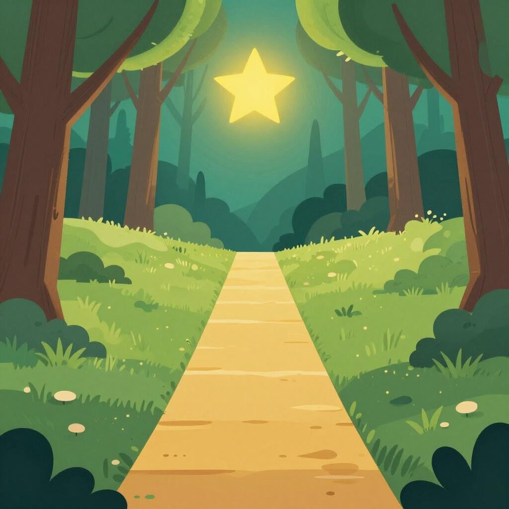 A single bright star shining above a fork in a forest trail, with one clear path illuminated.