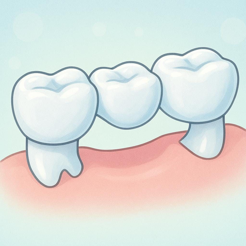 Una vista ravvicinata di un apparecchio di ponte dentale a tre unità, caratterizzato da due corone collegate da un dente finto.