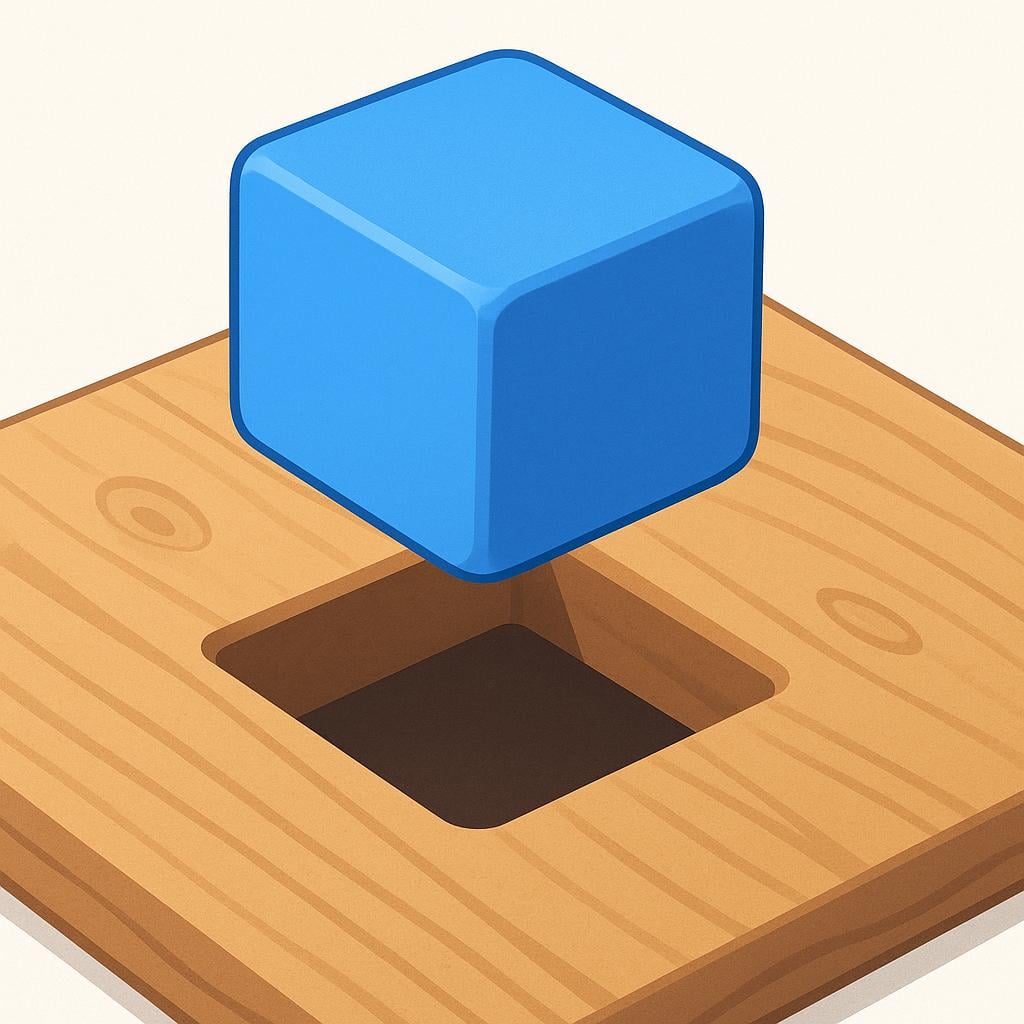 A blue square block perfectly fitting into a corresponding square hole cut into a light brown wooden surface.