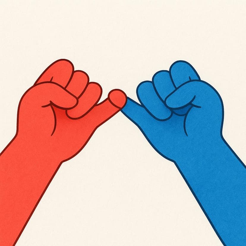 Two stylized cartoon hands linking their pinky fingers firmly together, symbolizing a promise or commitment.