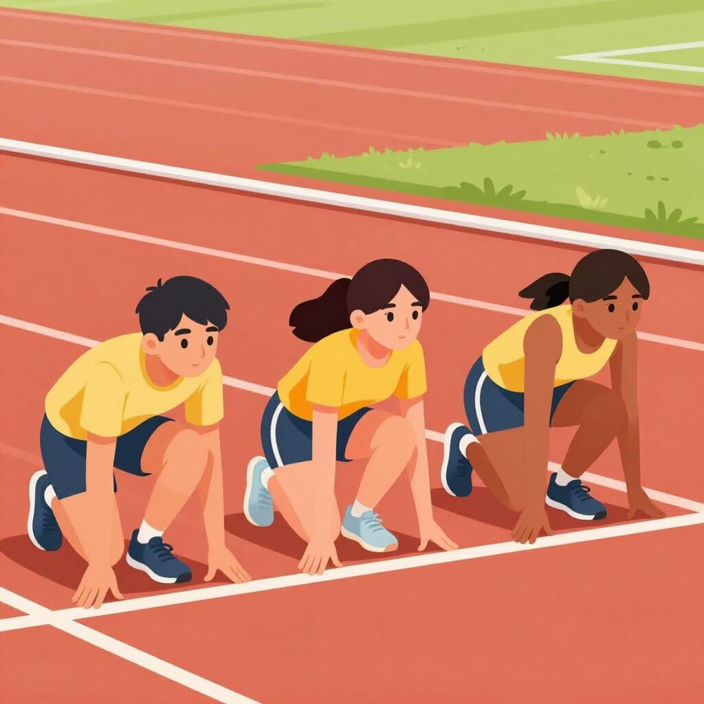 Een groep hardlopers in kleurrijke sportkleding aan de startlijn van een race.