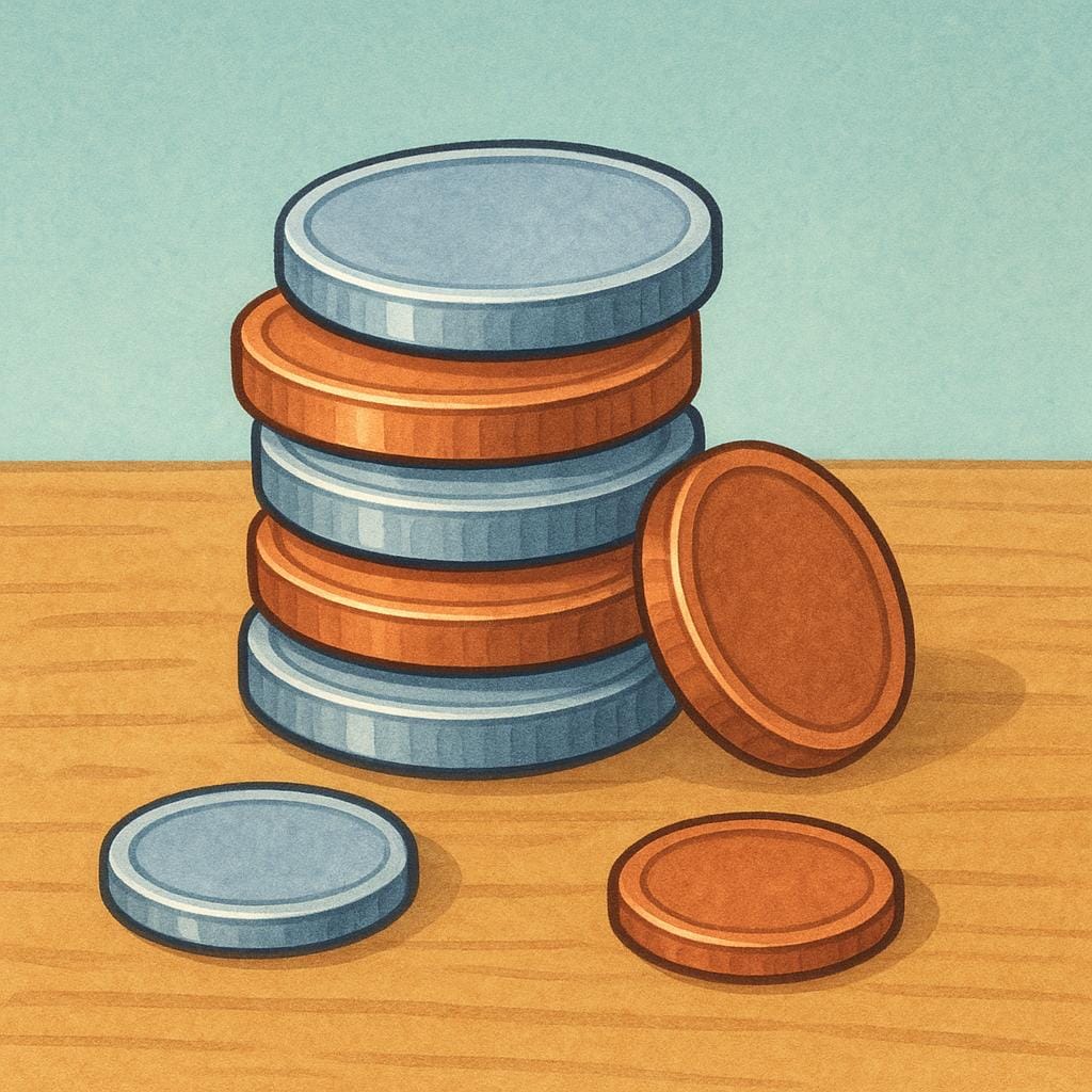 A small, neat pile of various silver and copper colored round coins resting on a wooden surface, representing small change or loose money.