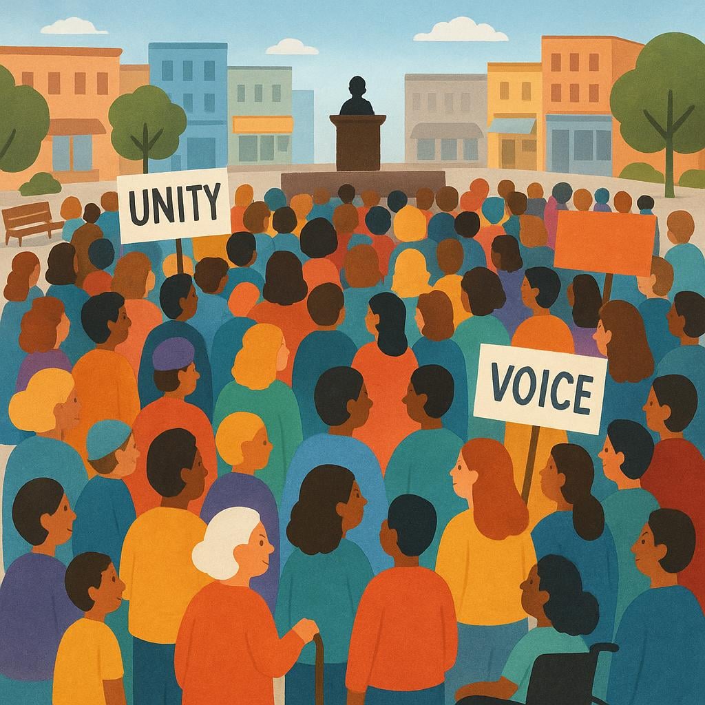 A large, dense crowd of diverse people gathered closely together in a city plaza, illustrating a public demonstration or rally.