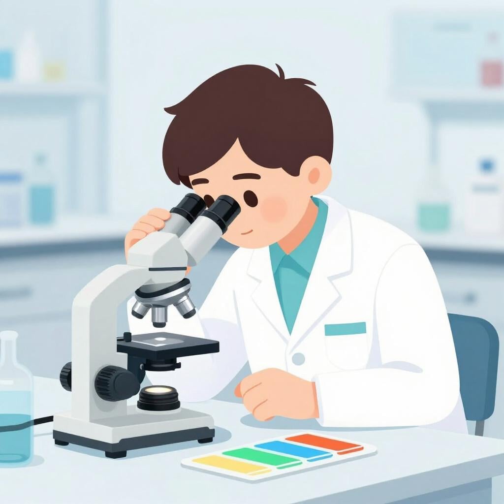 Un scientifique en blouse blanche regardant au microscope une lame colorée dans un laboratoire lumineux.