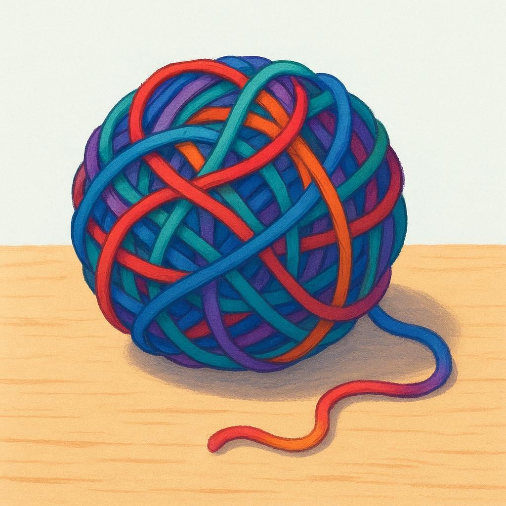 A large, brightly colored ball of tangled yarn, symbolizing a complex issue or problem.