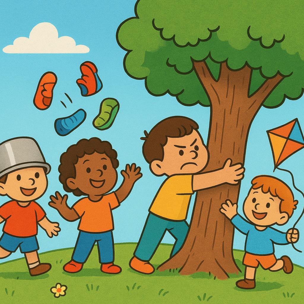 A group of five diverse cartoon characters in a field engaged in chaotic and non-sensical activities, representing a group of unstable people.