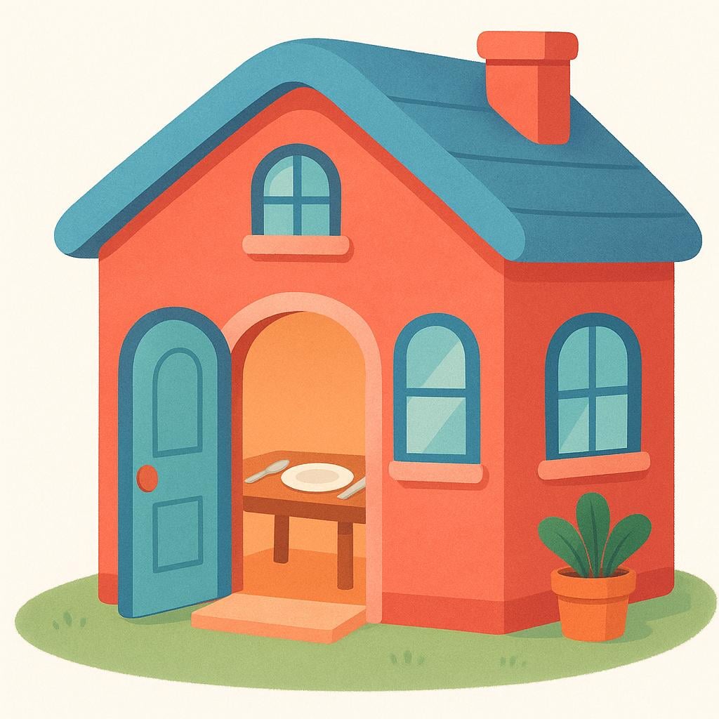 A simple, brightly colored storybook illustration of the exterior of a cozy restaurant building with large windows and a welcoming entrance.