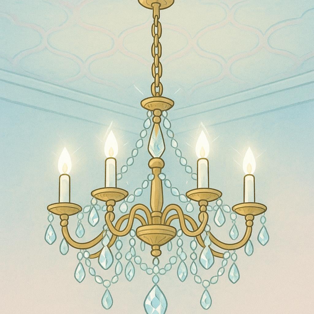 A large, ornate crystal chandelier with several glowing lights hanging from a ceiling in a room.