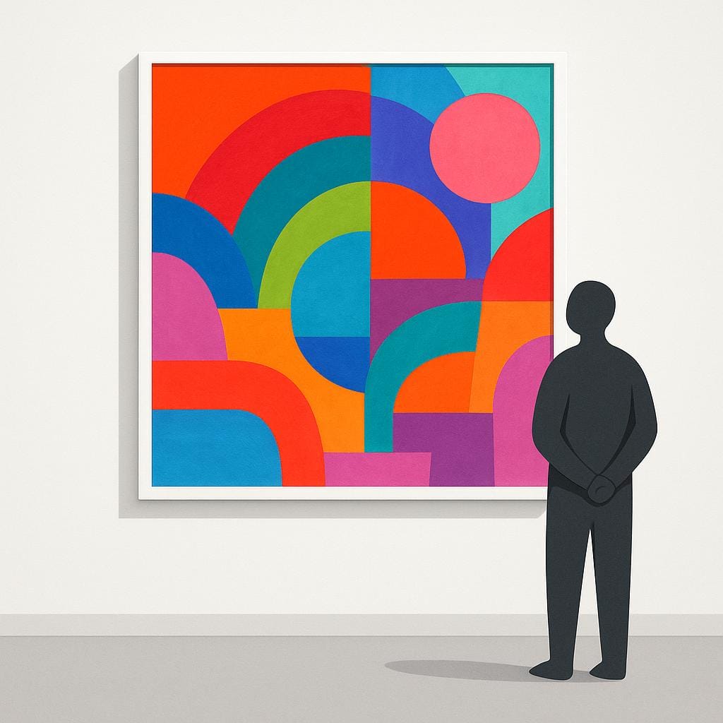 A person standing in a brightly lit room, observing a colorful abstract painting displayed prominently on a white gallery wall.