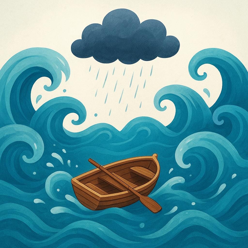 A small boat rocking violently on choppy, swirling water under a dark cloud.