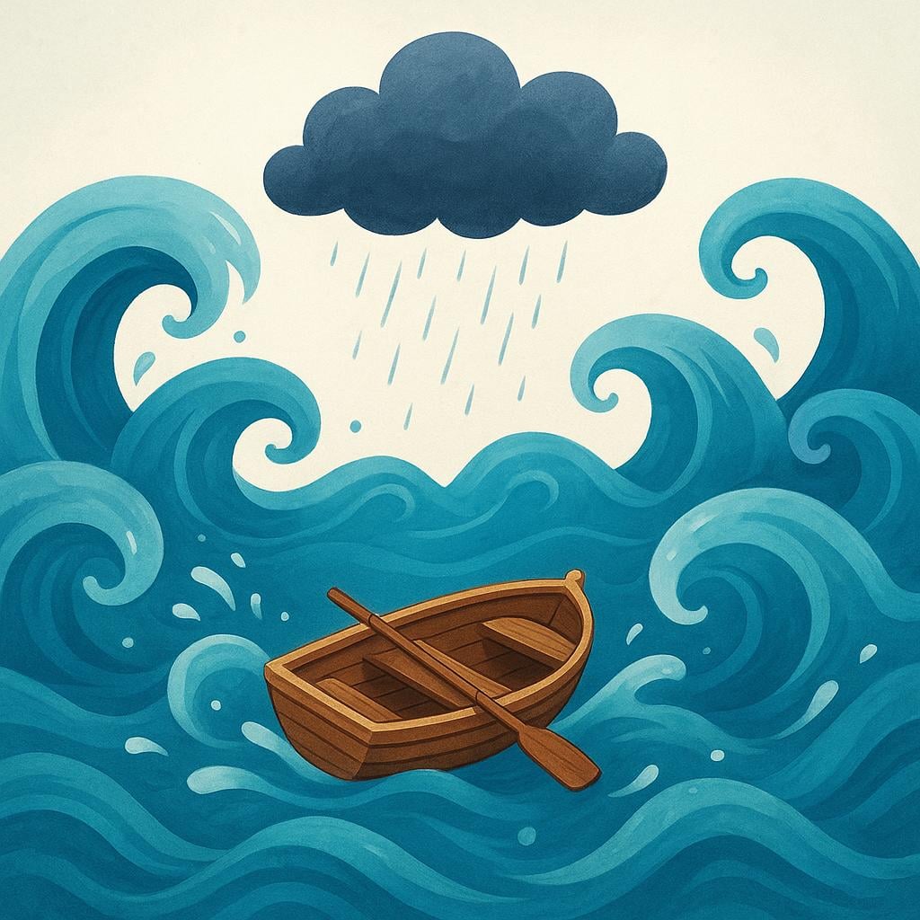 A small boat rocking violently on choppy, swirling water under a dark cloud.