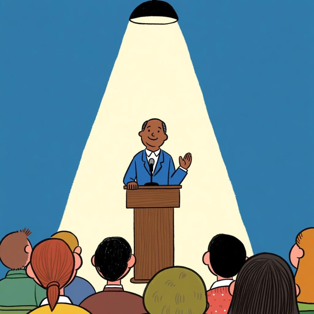 A person standing confidently behind a simple wooden podium under a bright spotlight, ready to speak, while a group of seated figures watches.