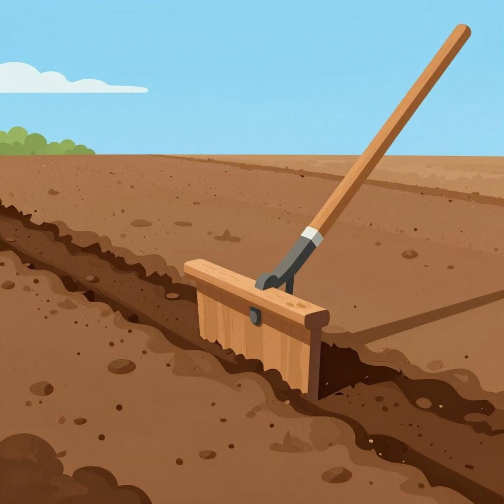 A traditional wooden plow cutting a straight line through dark brown farm soil.