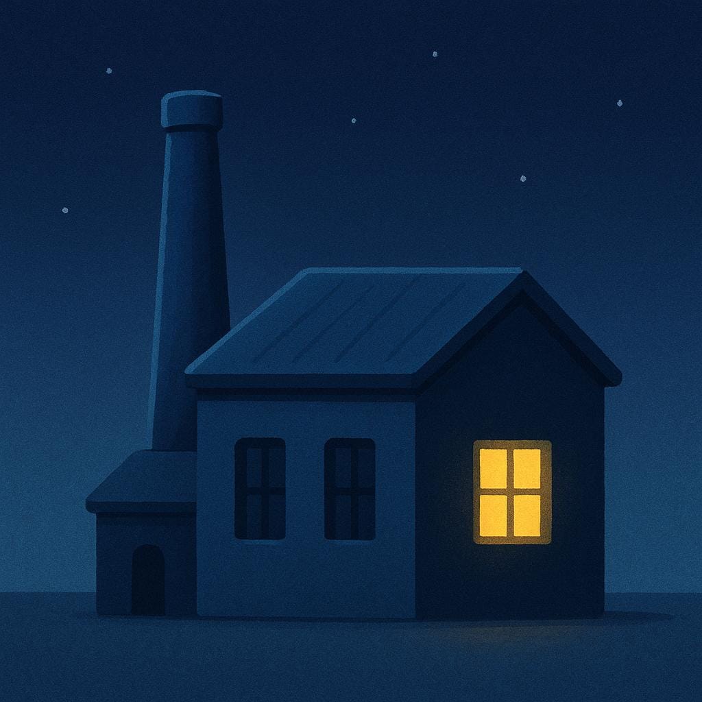 A simple, dark blue factory building shown at night. A single window glows brightly with yellow light, indicating a work shift is currently active.