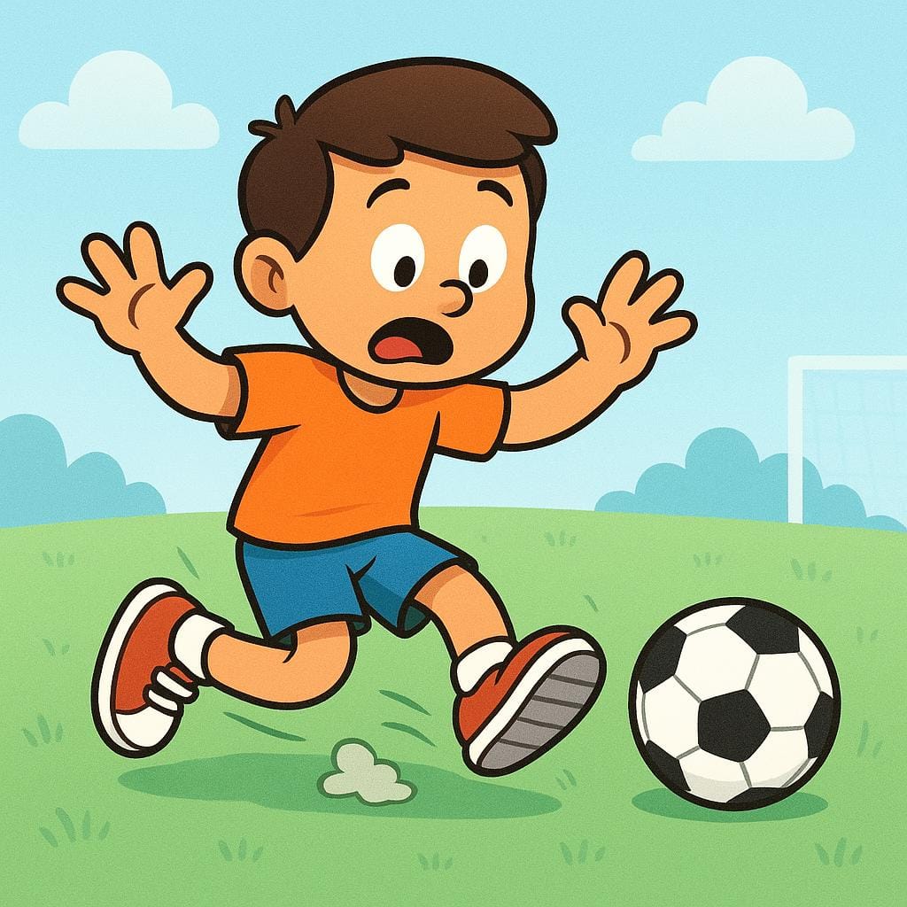 A clumsy person wearing sports gear stumbling and tripping over their own feet next to an untouched soccer ball.
