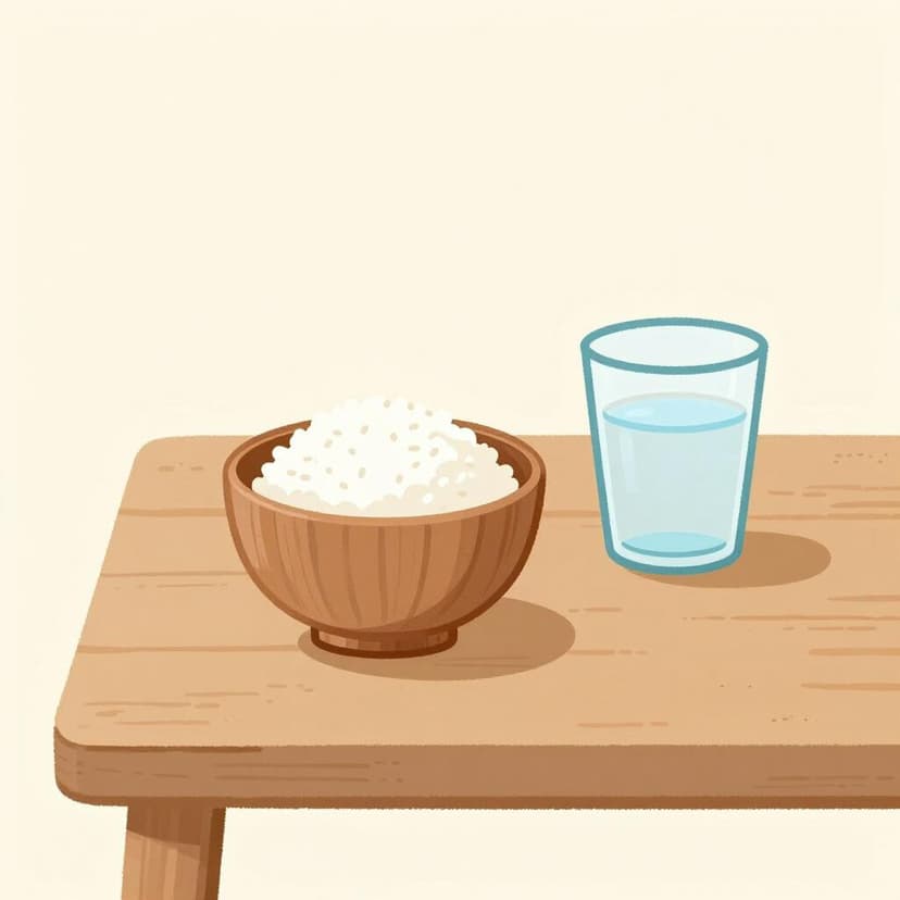 質素な木製テーブルの上に、少量の米粒と水一杯だけが入った小さなボウルが置かれている。