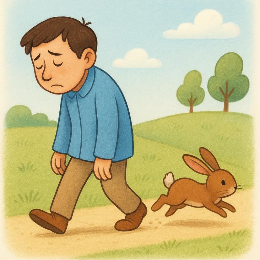 一人の人が非常にゆっくりと、気が進まない様子で片足を引いて歩いている絵本のようなイラスト。その横を小さな茶色のウサギが素早く跳ねて通り過ぎており、遅延を象徴している。